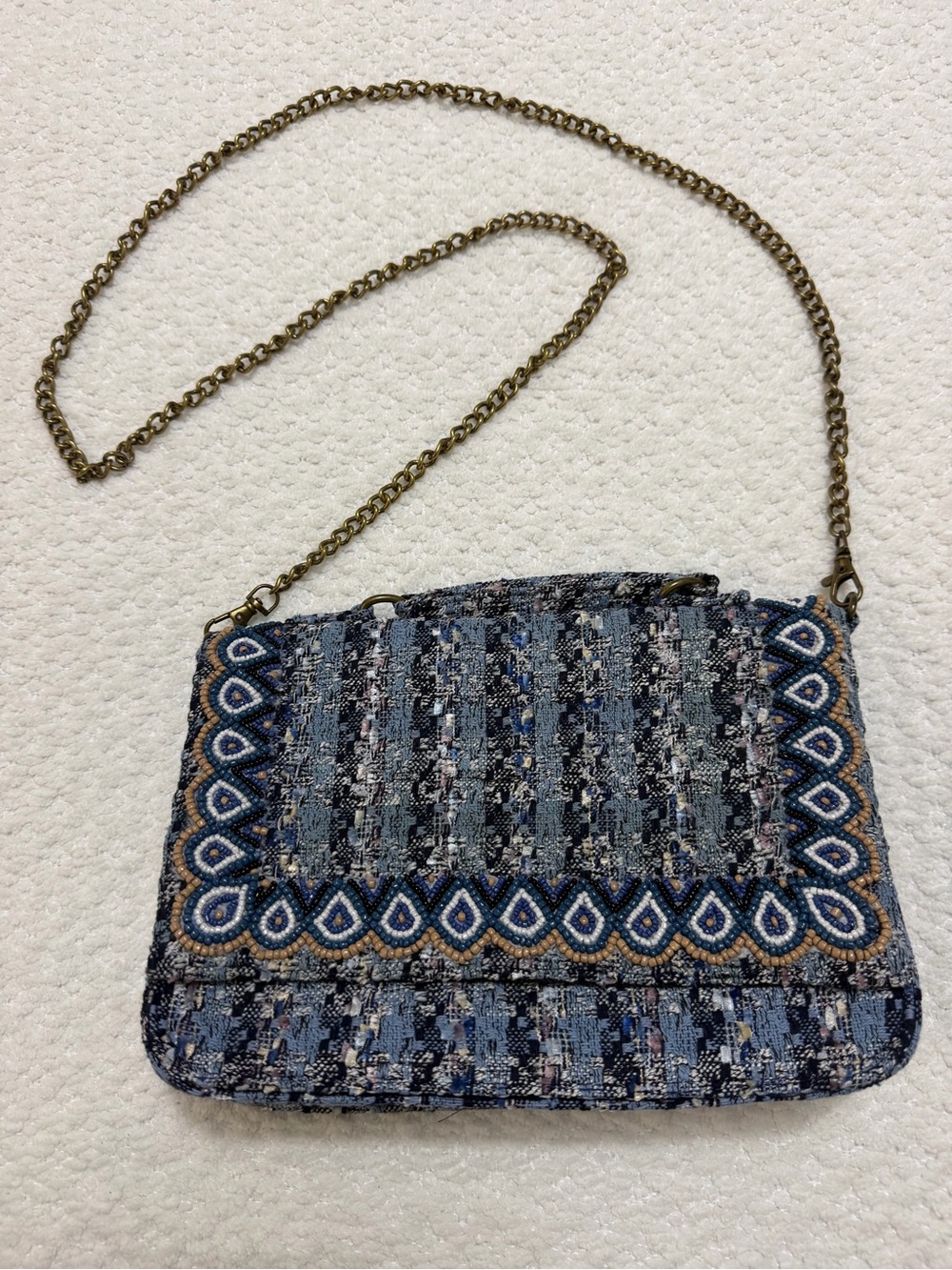 America & Beyond Blue Tweed Beaded Purse Handle Crossbody w/ Chain NWT